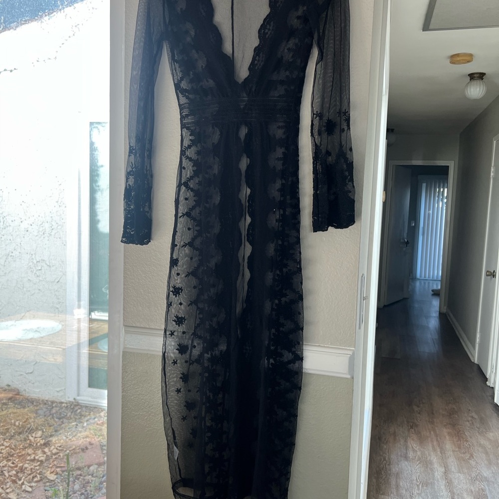 Fashion Nova Sheer Black Long Sleeve Dress     Pit 14 length 48
